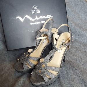Nina Charcoal Metallic Platform Sandal Heels